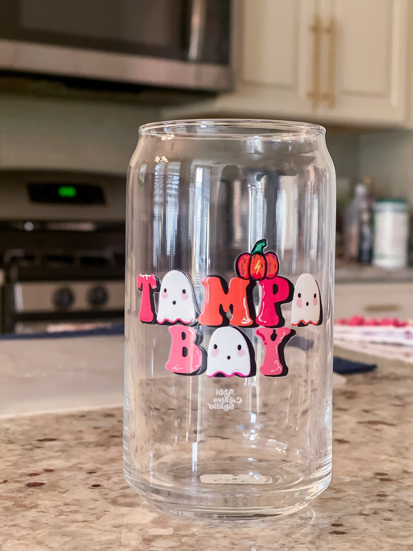 Load image into Gallery viewer, Tampa Bay Fall Themed Spooky Ghost Can-shaped glass - Abbicreates Studio
