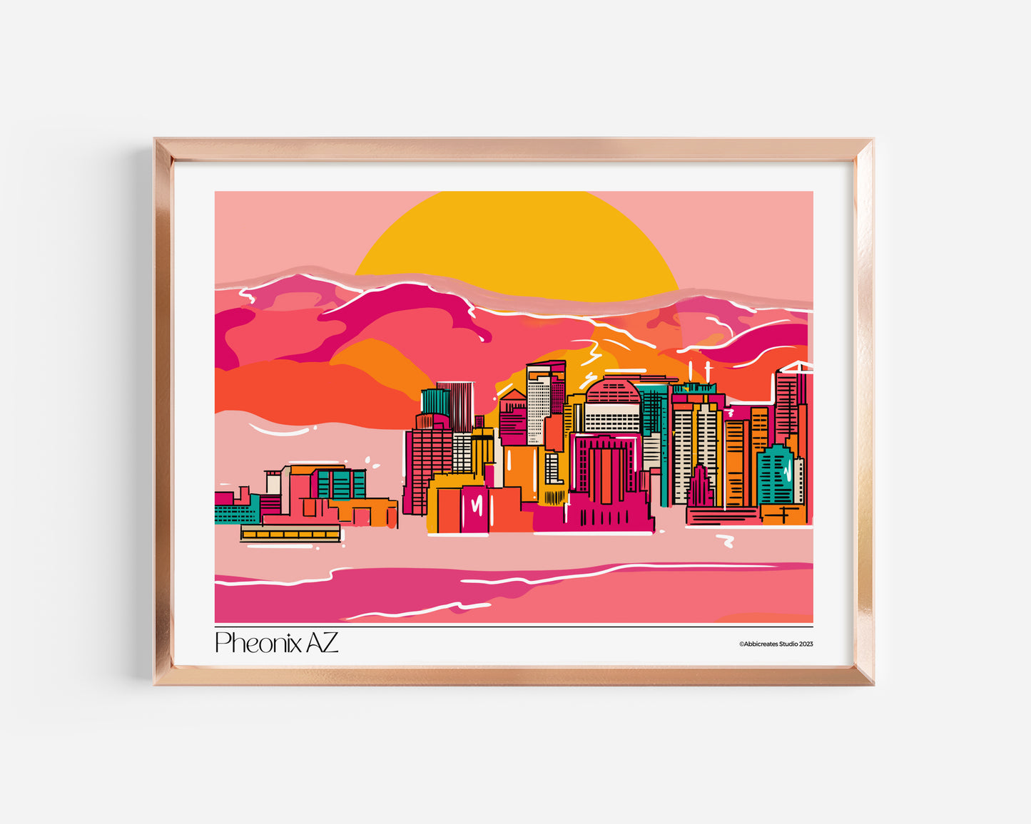Discover the captivating beauty of Phoenix through our meticulously crafted Phoenix AZ Skyline Art Print. This digital artwork perfectly captures the vibrant energy and breathtaking scenery of the city, allowing you to elevate your space with its radiant presence. Bring the spirit of Phoenix into your collection and transform your surroundings with this extraordinary piece.