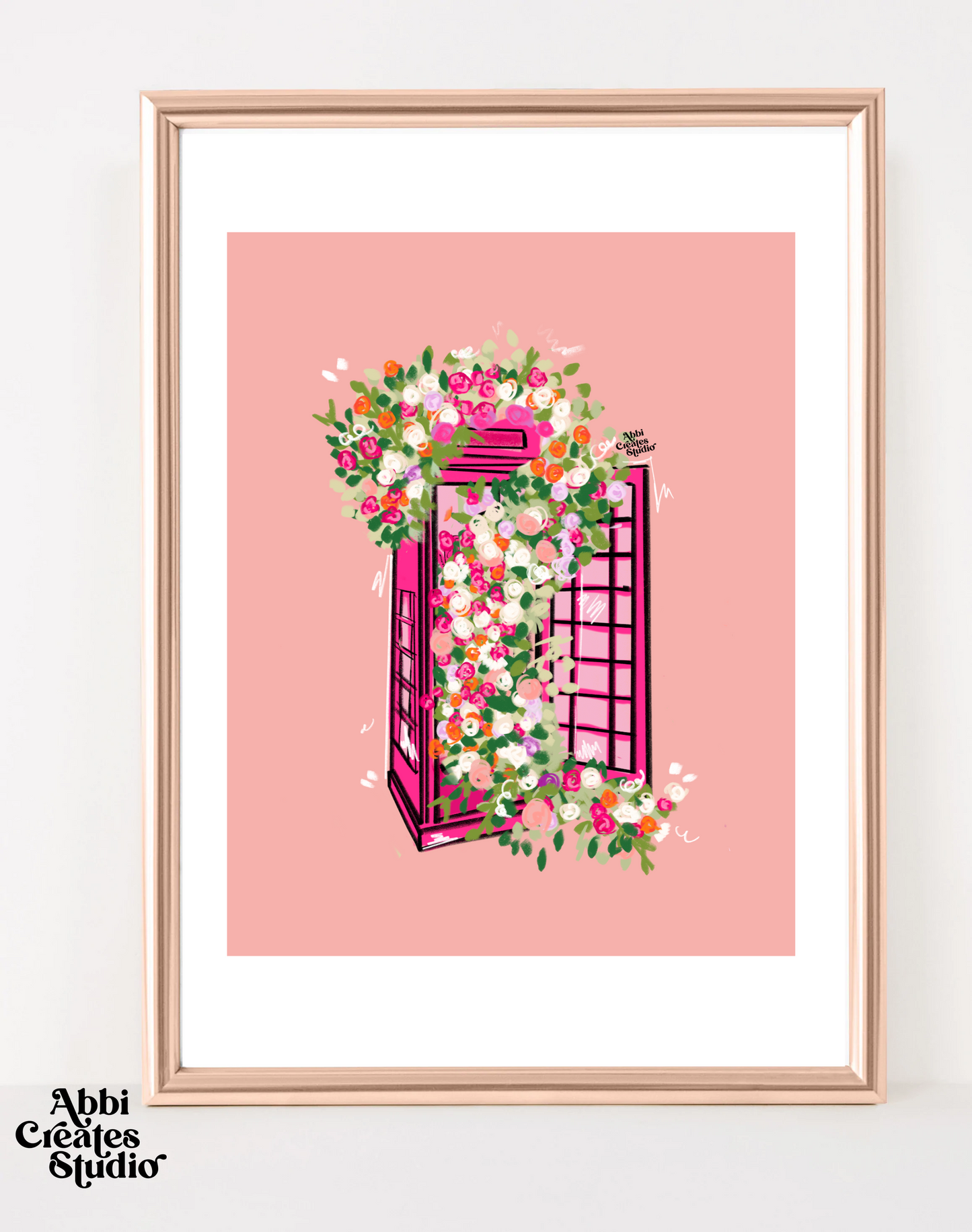 British Telephone  box pink florals  art print - Abbicreates Studio